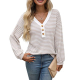 TK2025 New Lady V-Neck Button Casing Splicing Casual Long-Sleeved Color T-Shirt HZ0108