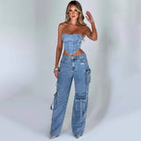 Low-Rise Three-Dimensional Pocket Spliced Jeans Women Autumn 2025 New Loose Falling Lanky Trousers HZ0108