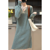 2025 Winter New V-Necked Bottom Sweater Dress Women's Long Loose Knee Straight Knitted Thick Dress HZ0108