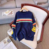 Colored Striped Smiley Face Long-Sleeved Sweater Women's Autumn And Winter New Lazy Style Retro Loose Collar Knitting Top HZ0108
