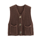 Metal Buckle Red Vest Spring And Autumn Women's Pocket Sleeveless Short Knitted Cardigan Sweater HZ0108