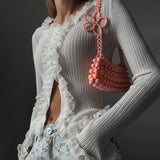 Pure-Style White Lace Stitched Knitted Shirt Design Lace Wood Ear Tight Shirt Woman HZ0108