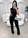 Women's Round Collar Without Sleeves On Both Sides Of The Hollow Black One-Piece Trousers Two Sets HZ0108