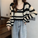 Striped Knitted Cardigan Female Design Sense Of A Small Pure Windy Hottie Short Top Summer Autumn Chic Sling Two Sets HZ0108