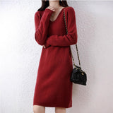 2025 Winter New V-Necked Bottom Sweater Dress Women's Long Loose Knee Straight Knitted Thick Dress HZ0108