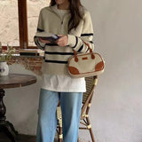 Korean Chic Autumn/Winter French Lazy Half Zipper Loose Casual Colling Striped Long-Sleeved Knitted Sweater Woman HZ0108