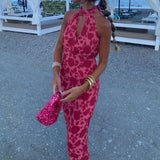 2025 New Hanging Neck Sleeveless Dress Bare Back High-Rise Printed Long Dress Famous Wind Thin HZ0108