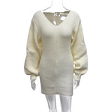 Autumn/Winter 2025 New Women's Fashion Sexy V-Neck Solid Color Classic Knitted Dress HZ0108