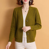 2025 Autumn And Winter V-Neck Solid-Colored Cardigan Simple Loose Middle-Age Mother Long-Sleeved Knitted Sweater Women's Casual Coat HZ0108