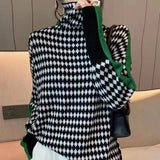 European Goods Retro Lattice Thighs Turtleneck Sweater Women's Autumn And Winter Languid Jackets With Thin Inner Knitting Shirt HZ0108