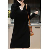 2025 Winter New V-Necked Bottom Sweater Dress Women's Long Loose Knee Straight Knitted Thick Dress HZ0108