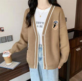 Crash V-Neck Embroidered Bear Knitted Cardigan Women's Autumn And Winter New College Style Loose Lazy Sweater Jacket HZ0108