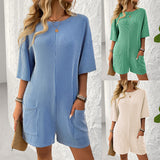 2025 New Lady Loose Pocket Back V-Neck Short-Sleeved Jumpsuit HZ0108
