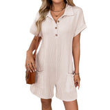 2025 Summer New Collar Button Loose Pocket Short Sleeve Jumpsuit HZ0108