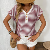 2025 Summer New Lady Splicing Knit V Collar Button Cover Short Sleeve HZ0108