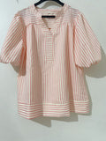Women's Shirt 2025 New V-Neck Splicing Bubble Sleeve Striped Top HZ0108