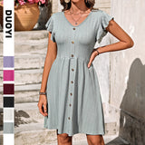 2025 Summer New Women's V-Neck Button To Collect Waist Elastic Short-Sleeved Dress Women HZ0108