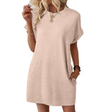 2025 Summer New Loose Round Collar Pocket Solid Color Short-Sleeved Dress Woman HZ0108