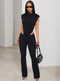 Women's Round Collar Without Sleeves On Both Sides Of The Hollow Black One-Piece Trousers Two Sets HZ0108