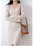 2025 Winter New V-Necked Bottom Sweater Dress Women's Long Loose Knee Straight Knitted Thick Dress HZ0108