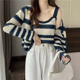 Striped Knitted Cardigan Female Design Sense Of A Small Pure Windy Hottie Short Top Summer Autumn Chic Sling Two Sets HZ0108