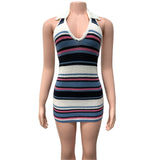 2025 Summer Women's Striped Sexy V-Neck Hanging Neck Knitted Dress Bump Color Design HZ0108
