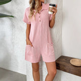 2025 Summer New Collar Button Loose Pocket Short Sleeve Jumpsuit HZ0108