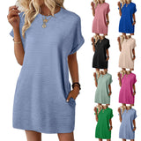 2025 Summer New Loose Round Collar Pocket Solid Color Short-Sleeved Dress Woman HZ0108