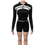 2025 New Women's Waffli Muscle Fabric Bumping Splicing Open Shirt Draw Shorts Set HZ0108