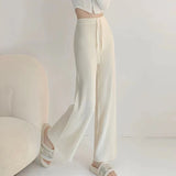 Lazy Pit Strip White Knitted Broad Leg Pants Women Autumn And Winter High Waist Hanging Straight Barrel Loose Leisure Drag Trousers Thickened HZ0108