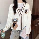 Crash V-Neck Embroidered Bear Knitted Cardigan Women's Autumn And Winter New College Style Loose Lazy Sweater Jacket HZ0108
