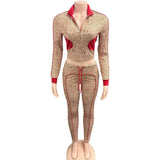 2025 New Women's Leopard Print Bump Color Long-Sleeved Zipper Open Shirt Draw Rope Trousers Two Sets HZ0108