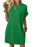 2025 Summer New Loose Round Collar Pocket Solid Color Short-Sleeved Dress Woman HZ0108