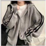Autumn And Winter Women's Korean Version Of Chic Simple Temperament Drawstring Hood Design Niche Striped Loose Long-Sleeved Sweater Jacket HZ0108
