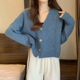 Korean Gentle Wind Solid Color Simple Jump Sweater Women's Coat Spring And Autumn New Slim Slim Short Knitted Open Shirt HZ0108
