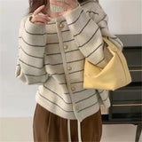French Small Scent Striped Knitted Cardigan Women's Autumn And Winter Loose Soft Glutinous Outside Wearing Round Neck Retro Ocean Sweater Coat HZ0108