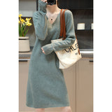 2025 Winter New V-Necked Bottom Sweater Dress Women's Long Loose Knee Straight Knitted Thick Dress HZ0108