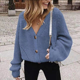Autumn And Winter New White V-Neck Loose Single-Dcup Buckle Straight Knitted Long-Sleeved Sweater Cardigan HZ0108