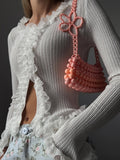 Pure-Style White Lace Stitched Knitted Shirt Design Lace Wood Ear Tight Shirt Woman HZ0108