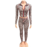 2025 New Women's Hottie Bag Leopard Pine Tight Trousers Zipper Open Shirt Two Sets HZ0108