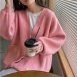 Korean Version Of V-Neck Knitted Cardigan Women 2025 Autumn New Lazy Wind Loose Soft Sweater Coat Women's Clothing HZ0108