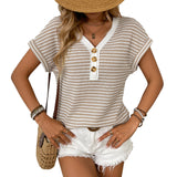 2025 Summer New Lady Splicing Knit V Collar Button Cover Short Sleeve HZ0108